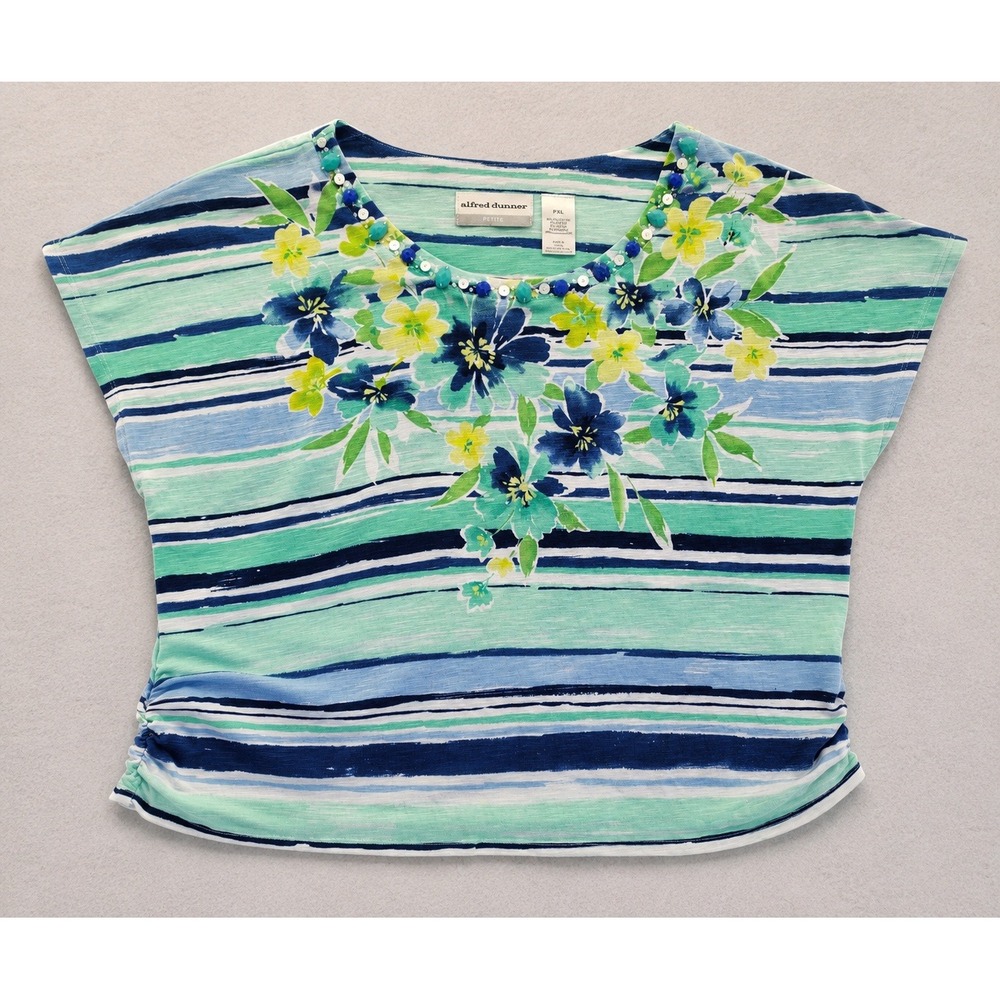 Alfred Dunner Womens PXL Petite Blue Green Floral Striped‎ Beaded Neckline Top